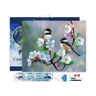 Figured'Art Diamond Painting Erwachsene 40x50cm Mit Rahmen Ganze Leinwand Gespannt Kleine Vögel Und Weiße Blumen 5D Bilder Eckige Steine - Diy Set