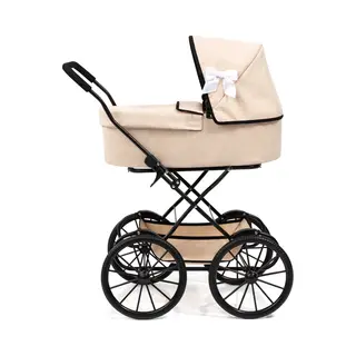 Bayer Design 14375AA Doll's Pram Nostalgic, Doll Stroller Classic, With Integrated Basket, Bag, Beige