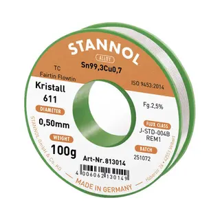 Stannol Kristall 611 Fairtin Soldeertin, Loodvrij Loodvrij Sn99, 3Cu0, 7 REM1 100 G 0.5 Mm