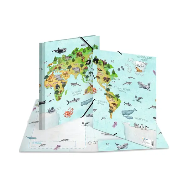 Herma Portfolio Folder A4 World Map Corner Folder Made Of Cardboard With Nursery Motif, Elastic Band, Inner Flaps And Inner Print For Boys, Girls And thumbnail