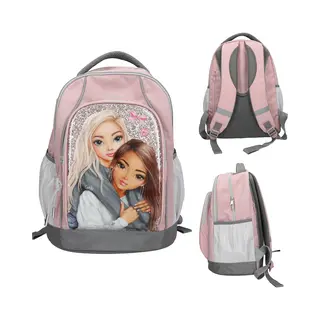 Depesche TOPModel My Bff 13316 School Backpack In Pink And Grey With Model Motif And Glitter, School Bag With Telescopic Handle And Wheels