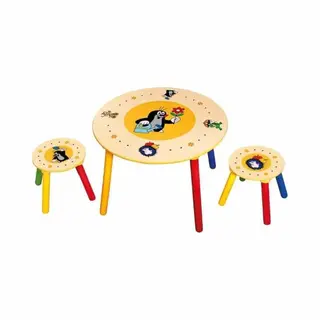 Bino Houten Kindertafel Met 2 Krukjes Met De Kleine Mol Little Mole Kinder Tafel Met Stoeltjes Stoel Kruk Doorsnede 60 Cm, Hoogte 45 Cm.