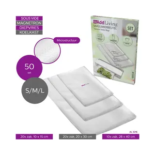 AddLiving Set Aus 50 Vakuumierbeutel (20x 10x15 Cm, 20x 20x30 Cm, 10x 28x40 Cm) | Vakuumbeutel Lebensmittel | Sous Vide Beutel | Einschweißfolie Für