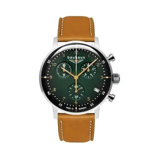 Bauhaus 2096-4 Chronograph Herrenuhr Silberfarben Mit Grünem Zifferblatt & Lederband