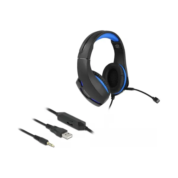 DeLOCK Gaming Headset Over-Ear mit 3,5 mm Klinkenstecker und blauem Led Licht für Pc, Notebook und Spielekonsolen thumbnail