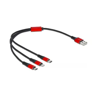 DeLOCK Usb Ladekabel 3 in 1 Typ-A zu Lightning / 2 x Usb Type-C 30 cm schwarz / rot