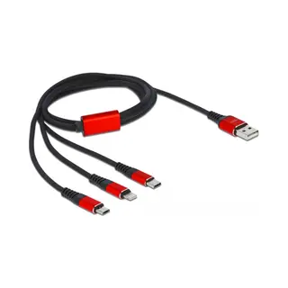 DeLOCK Usb Ladekabel 3 in 1 Typ-A zu Lightning / 2 x Usb Type-C 1 m schwarz / rot