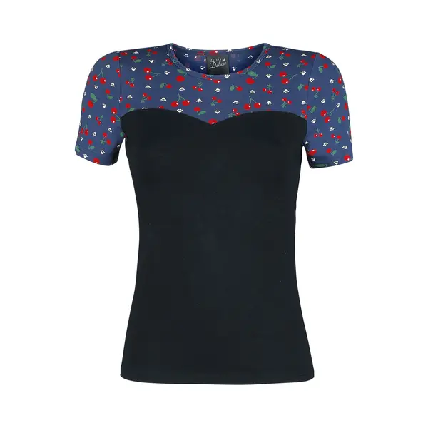 Pussy Deluxe - Rockabilly T-shirt - Cat Paws & Cherries Girl Basic Shirt - Xs Tot S - Voor Vrouwen - Blauw-zwart thumbnail