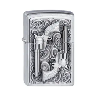 Zippo Windproof Lighter - Revolver - Chrome Brushed, Emblem - Refillable For Lifetime Use - Adjustable Flame - Gift Box - Metal Construction - Made In