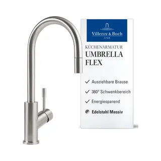 Villeroy & Boch V&B Spültisch-Einhebelmischer Umbrella Flex 11, 5 L/min, Ausziehbar, Edelstahl Massiv