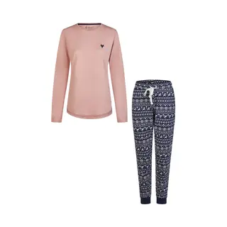By Louise Dames Pyjama Set Lang Katoen Roze/Donkerblauw Norwegian Jacquard Print - Maat S