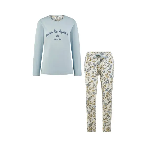By Louise Dames Pyjama Set Lang Bloemen Print Lichtblauw - Maat L thumbnail