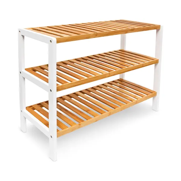 Relaxdays Bamboo Shoe Rack, With 3 Shelves, 70 X 54.5 X 24.5 Cm, For 12 Pairs Of Shoes, Brown/White thumbnail