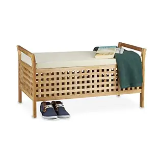 Relaxdays Walnut Storage Bench 46.5 X 92.6 X 49 Cm Wooden Storage Ottoman With Cushioned Seat, Hallway Furniture Wooden Bench, Natural Brown & White