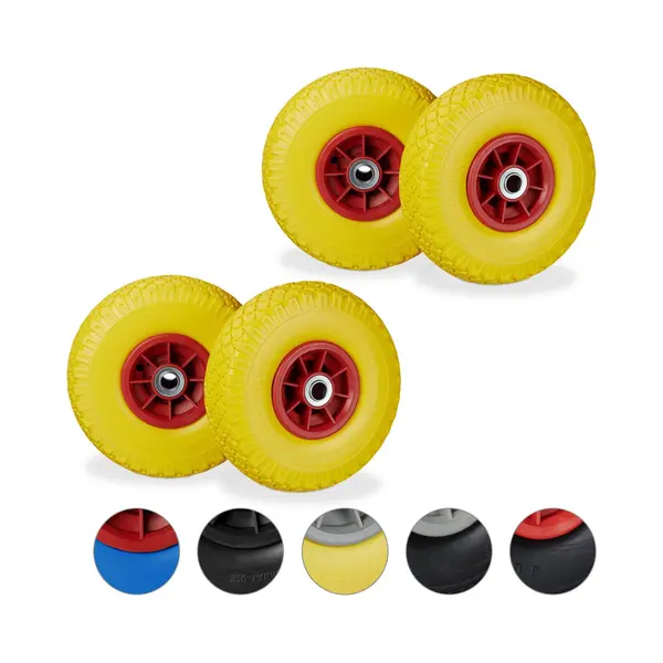 Relaxdays 4 X Sackkarrenrad, Pannensichere Vollgummireifen, 3.00-4 Zoll, 20mm Achse, Bis 80 Kg, Ersatzrad 260 X 85 Mm, Gelb-rot thumbnail