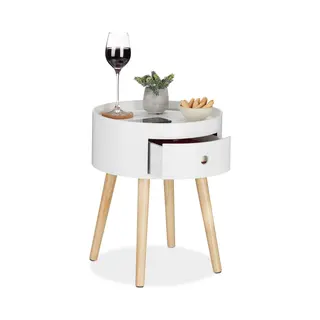 Relaxdays - Beistelltisch Rund, Schublade, Holzbeine, Skandinavisches Design, Minimalistisch, Hxd 46 X 38 Cm, Weiß/natur