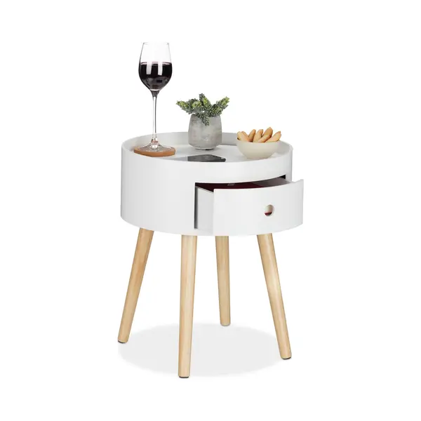 Relaxdays - Beistelltisch Rund, Schublade, Holzbeine, Skandinavisches Design, Minimalistisch, Hxd 46 X 38 Cm, Weiß/natur thumbnail