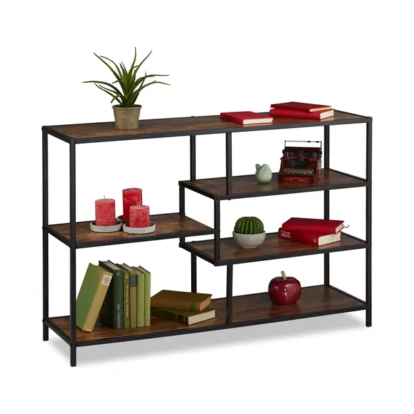 Relaxdays - Regal Im Industrial Style, 5 Ablagen, Holzoptik, Vintage Sideboard, Hxbxt, 79x115x33 Cm, Schwarz/dunkelbraun thumbnail