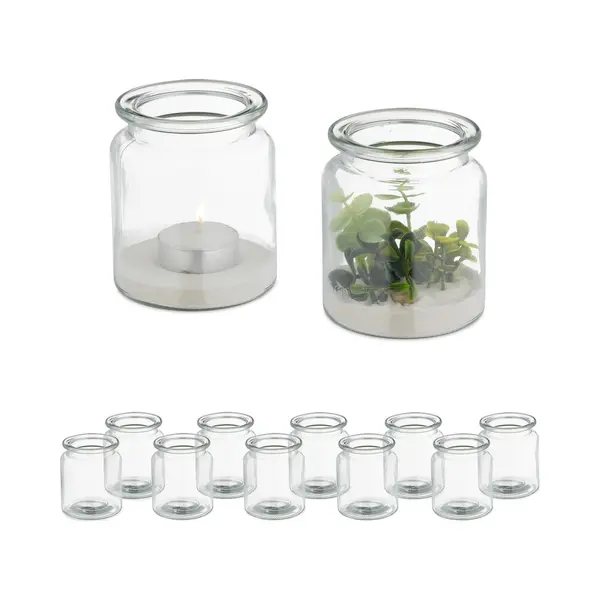 Relaxdays - Windlicht, 12er Set, Aus Glas, Innen & Außen, Hxd, 9, 5 X 8 Cm, Runde Teelichthalter, Hochzeit, Transparent thumbnail