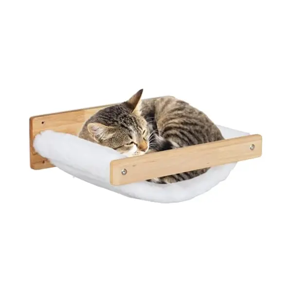 Relaxdays Katzenhängematte, Wand, Hängendes Katzenbett, Plüsch, Hbt, 17x39, 5x32, 5 Cm, Katzenwandliege Holz, Weiß/Natur thumbnail