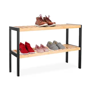 Relaxdays Schuhregal, Hxbxt, 33 X 70 X 26 Cm, Bambus, 2 Ebenen, 6 Paar Schuhe, Schuhständer Gitterablagen, Natur/schwarz
