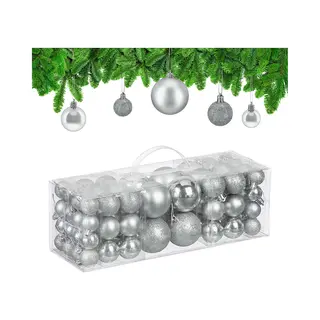 Weihnachtskugeln Im 76er Set, Kunststoff, Glitzernde, Matte, Glänzende Baumkugeln, Christbaumschmuck, Silber - Relaxdays