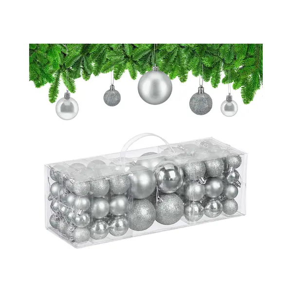 Weihnachtskugeln Im 76er Set, Kunststoff, Glitzernde, Matte, Glänzende Baumkugeln, Christbaumschmuck, Silber - Relaxdays thumbnail