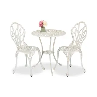 Gartenmöbel Set, 3-teilig, Tisch & 2 Stühle, Aluguss, Balkonmöbel Antik-design, Garten Sitzgruppe, Weiß/bronze - Relaxdays