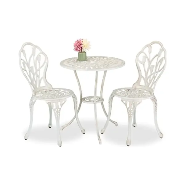 Gartenmöbel Set, 3-teilig, Tisch & 2 Stühle, Aluguss, Balkonmöbel Antik-design, Garten Sitzgruppe, Weiß/bronze - Relaxdays thumbnail