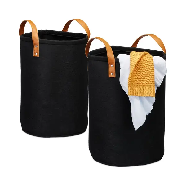 Wasmand Vilt - 28 Liter - Kunstlederen Handgrepen - Opvouwbaar - Draagbaar - Zwart thumbnail