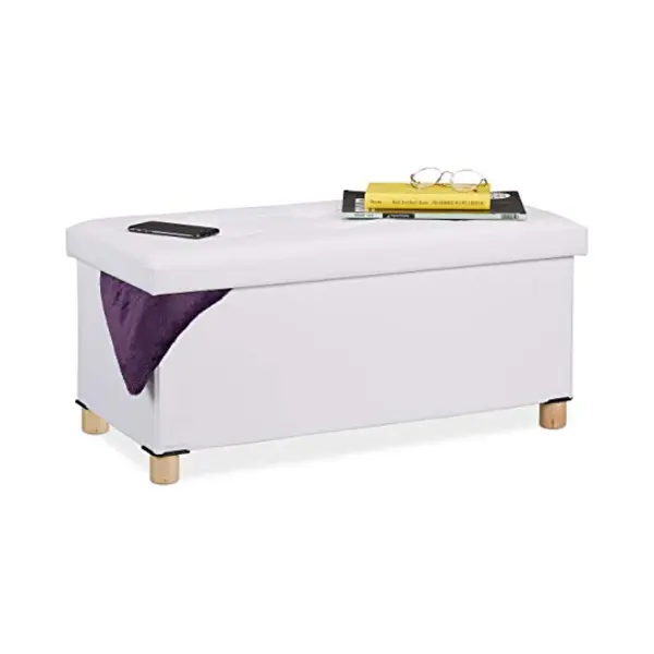Hocker Met Opbergruimte - Kunstleer - 35x76x37 Cm - Zitbank Hal - Wit thumbnail