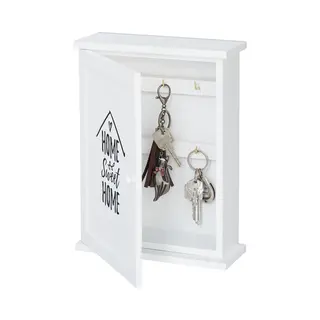 Relaxdays Wooden Key Cabinet, Home Sweet Home Motif, Country House Style, Hang Up, Key Case HxWxD 29 X 22 X 8 Cm, White