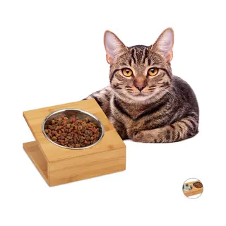 Relaxdays 10028852_58 Voerbak, Katten En Kleine Honden, Voor Water En Voer, Schuine Kom, Hlp 10 X 18 X 18 Cm, Natuurlijk, Bamboe, Roestvrij Staal,