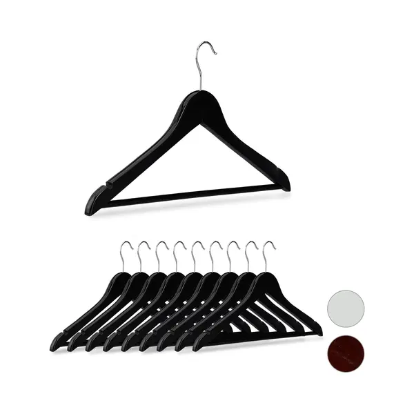 Kleiderbügel Holz, 10er Set, Kerben, Hosensteg, Garderobenbügel, 360° Drehbarer Haken, 44, 5 Cm Breit, Schwarz - Relaxdays thumbnail