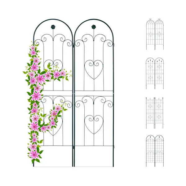 Rankgitter 2er Set, Metall, 180 X 50 Cm, Rankhilfe Garten, Rundbogen, Blume & Herz, Zum Stecken, Dunkelgrün - Relaxdays thumbnail