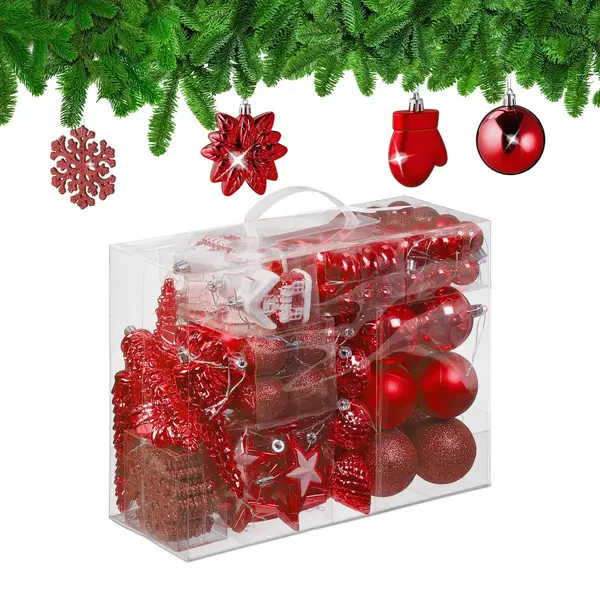 Relaxdays Weihnachtskugeln 100er Set, Glitzernd, Matt & Glänzend, Baumschmuck, Kunststoff, Verschiedene Designs, Rot thumbnail