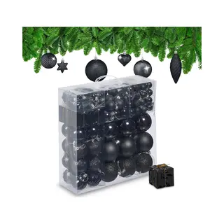 Relaxdays Christmas Bauble Set Of 110, Glittery, Matt & Shiny Ornaments, Plastic Xmas Tree Balls, HxD, 9 X 8 Cm, Black
