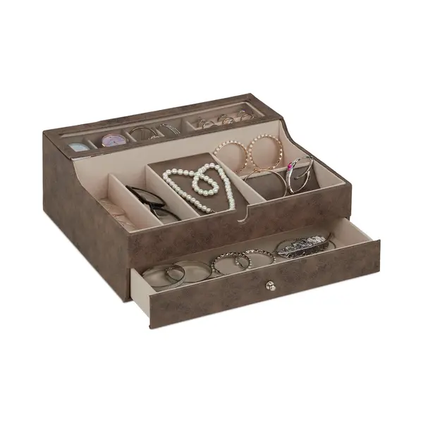 Relaxdays Schmuckkästchen, Lederoptik, Samt, Schmuckkasten Für Damen & Herren, Hxbxt, 13 X 34 X 31 Cm, Schmuckbox, Braun thumbnail
