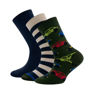 Ewers Set Van 3 Paar Kindersokken - Auto's/Strepen/Effen - Groen En Blauw - 31/34