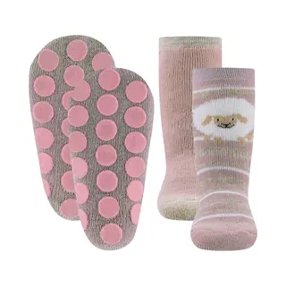 Ewers Antislipsok - 2-Pack - Wit Schaap En Wit/Ecru Streepjes & Effen Oudroze - Oudroze Sokken - Ecru/Beige Accenten - Antislipnopjes - Maat 17/18