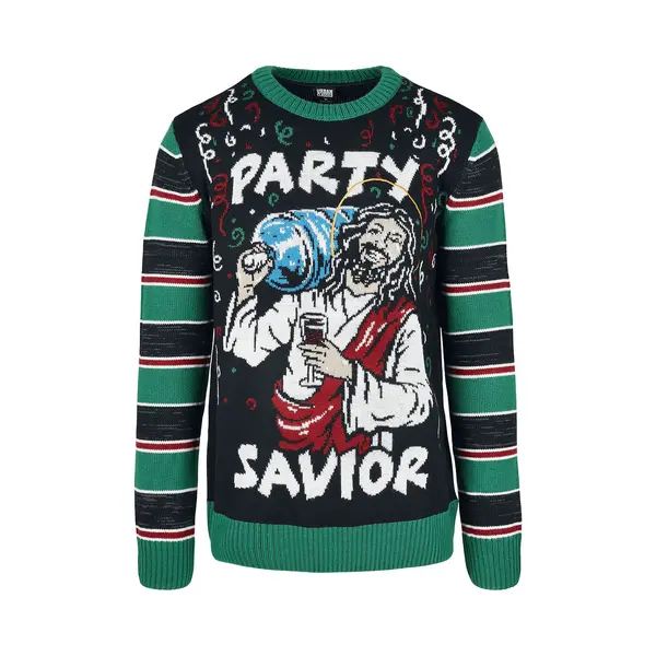 Urban Classics Christmas Jumper - Savior Christmas Sweater - S Tot M - Voor Mannen - Zwart-groen-wit thumbnail