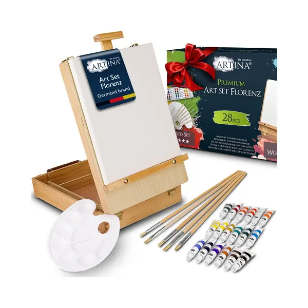 Artina 28-Piece Acrylic Paint Kit With Easel – Painting Set For Kids & Adults With Art Box, Canvas, Brushes & 18x12ml Paints – Christmas Art Set thumbnail