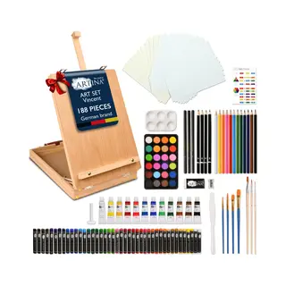 Artina 188pcs Painting Set Kit Table Easel – Xxl Wooden Artist Easel Box Fsc® With Acrylic Paints Oil Pastels Watercolours Paint Brushes –