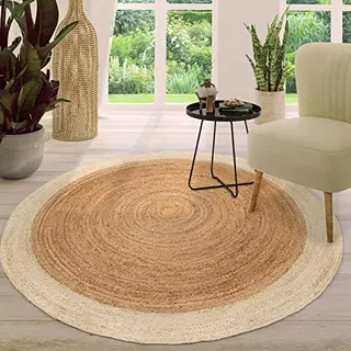 Tt Home Jute Tapijt, Volwassenenslaapkamer, Rond, Boheems, Handgemaakt, Moderne Rand, Kleur, Ivoor, Afmetingen, 160 Cm Rond