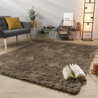 Tt Home Teppich Wohnzimmer Hochflor Langflor Weich Soft Modernes Einfarbiges Design, Farbe, Beige Taupe, Größe, 140x200 Cm