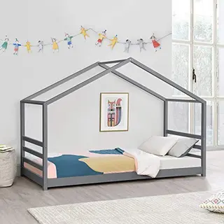 en.casa Kinderbed Huisbed Met Bedbodem 90x200 Cm Donkergrijs