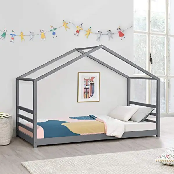 en.casa Kinderbed Huisbed Met Bedbodem 90x200 Cm Donkergrijs thumbnail