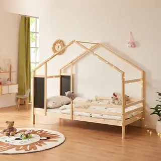 [en.casa] Hutbed Met Lattenbodem En Beschermhek, Kinderbed In Huisvorm, Draagkracht 100 Kg, Grenenhout, Multiplex, 90 X 200 Cm, Natuur