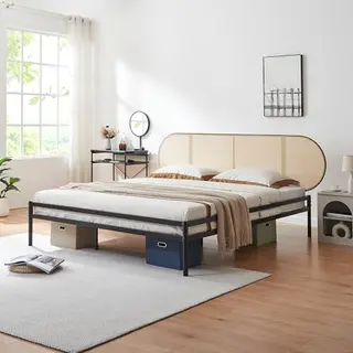 En.casa Metallbett, »Linköping« Mit Ovalem Kopfteil 180x200 Cm Schwarz/Rattanoptik
