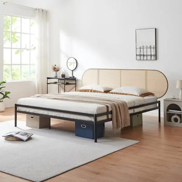 En.casa Metallbett, »Linköping« Mit Ovalem Kopfteil 180x200 Cm Schwarz/Rattanoptik thumbnail